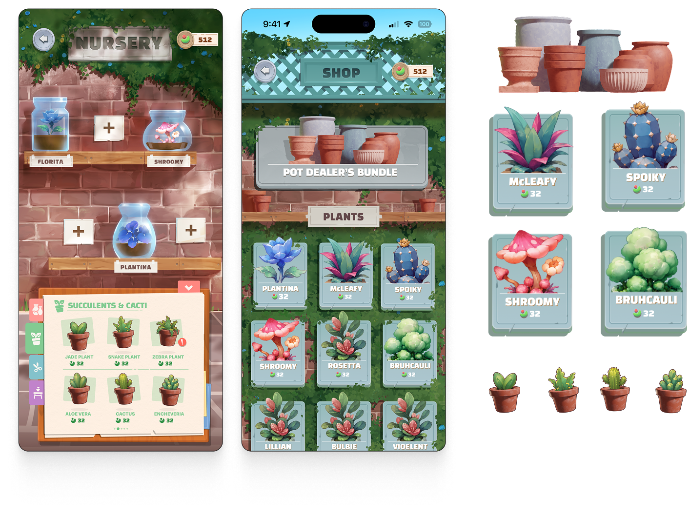 Nursery and Shop screens with pot studies, plant cards and seedlings