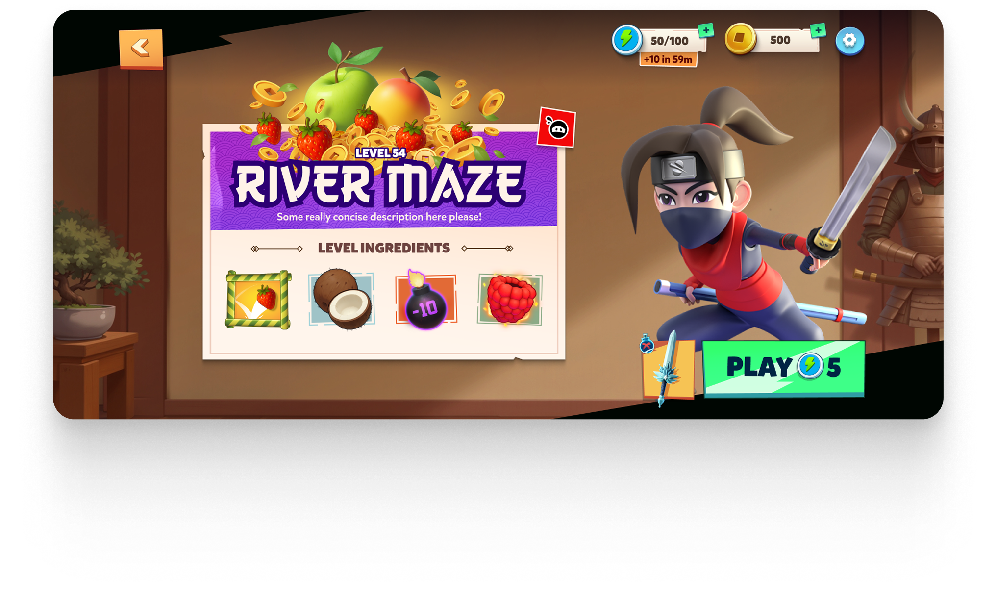 River Maze game mode screen with level ingredients