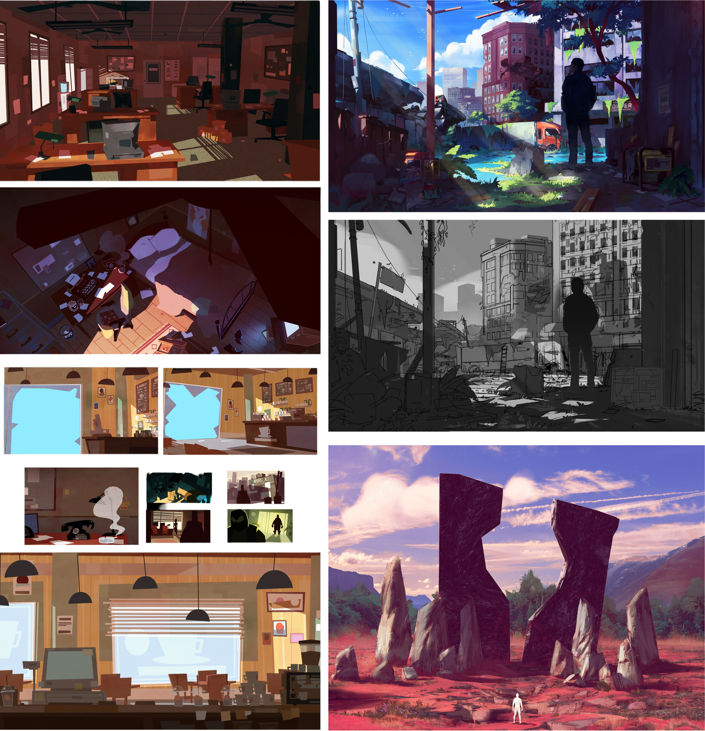 Environment illustrations: office interiors, a jungle alleyway, a post-apocalyptic street, and a desert canyon landscape