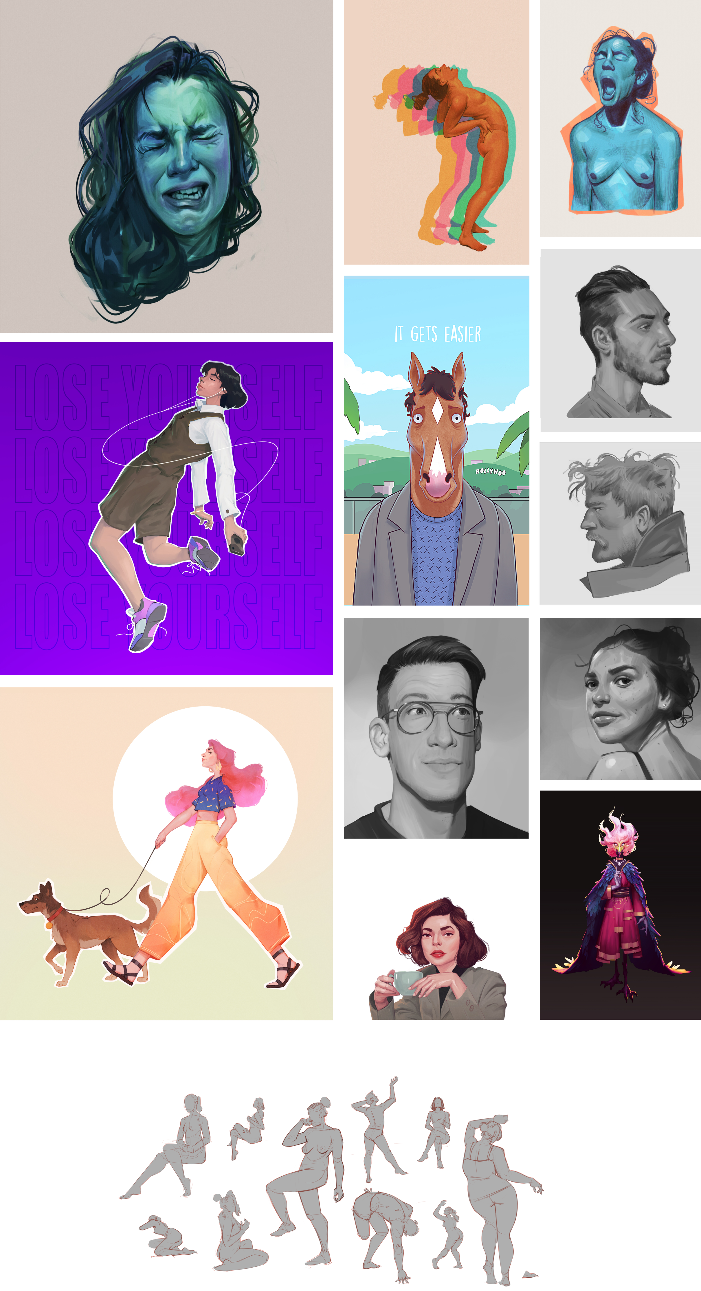 Character portraits, editorial illustrations, and figure studies