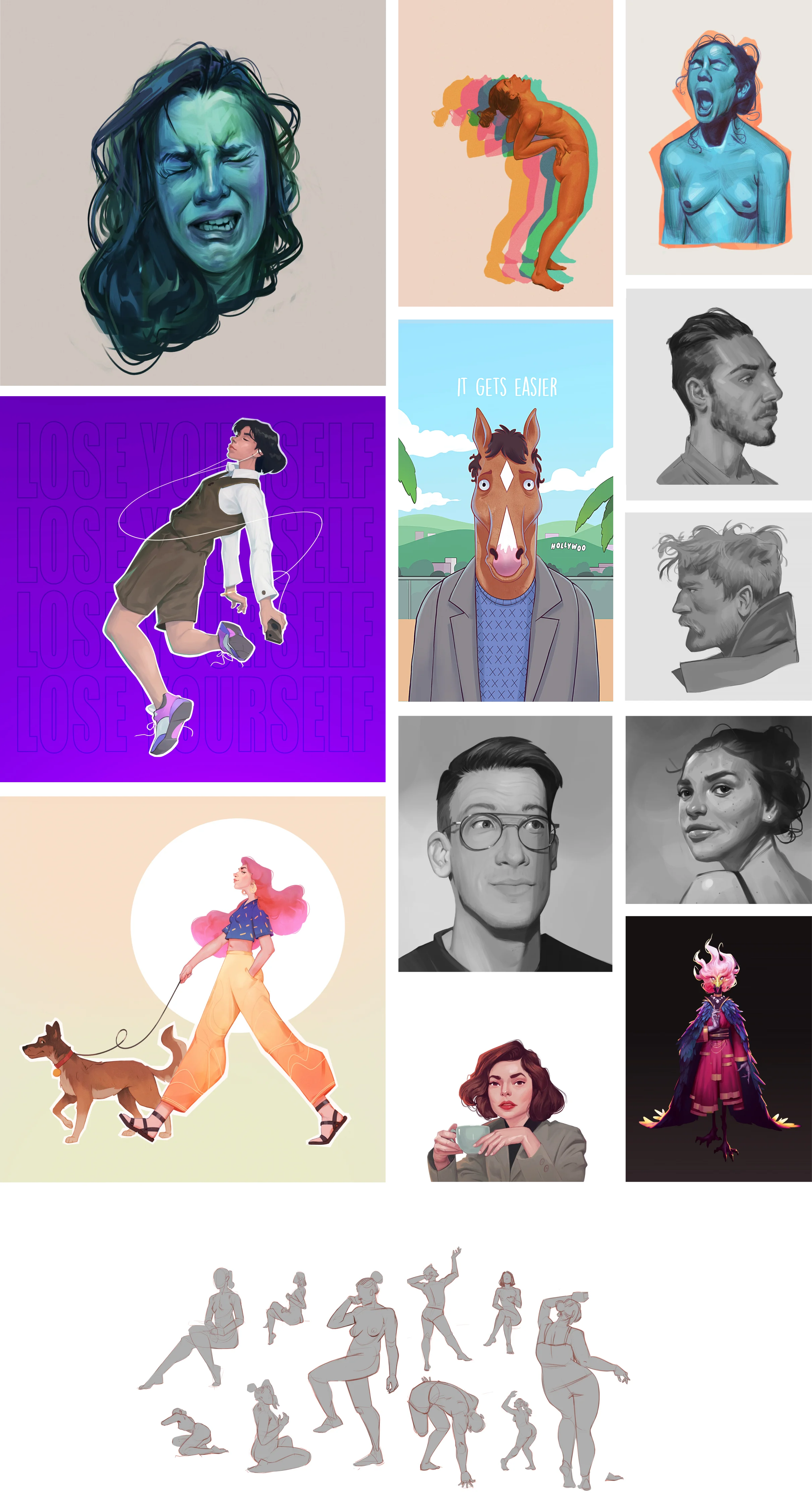 Character portraits, editorial illustrations, and figure studies