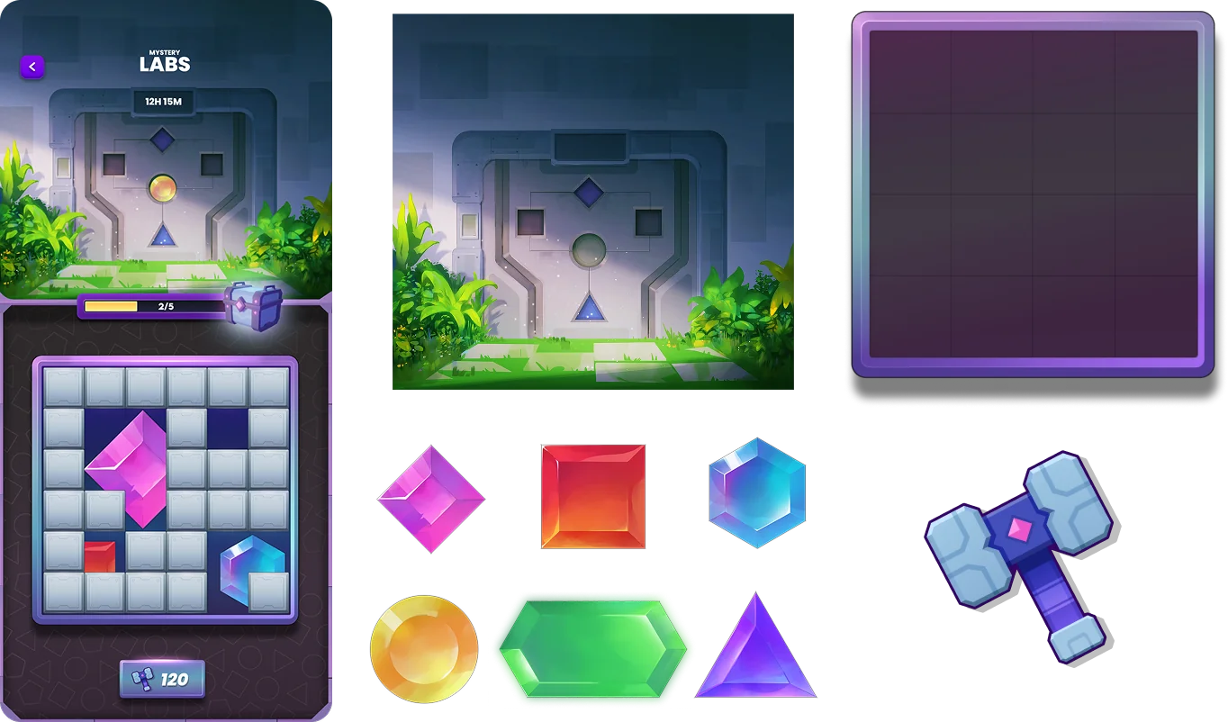 Gem Frenzy gameplay screen, gate environment art, empty board, gem set and hammer power-up