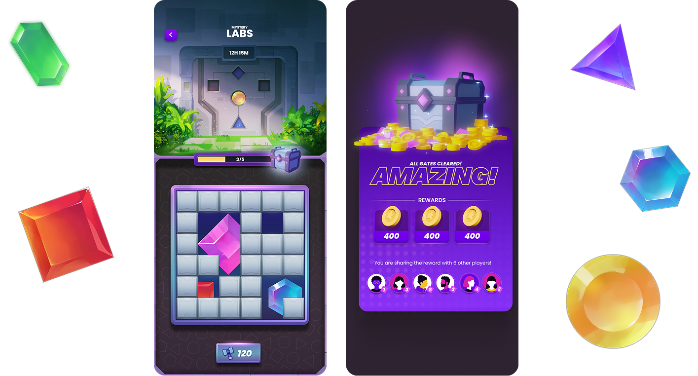 Mystery Labs gate screen and reward screen, surrounded by gem artwork