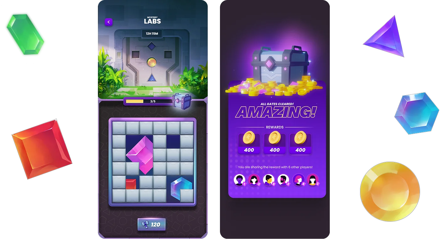 Mystery Labs gate screen and reward screen, surrounded by gem artwork